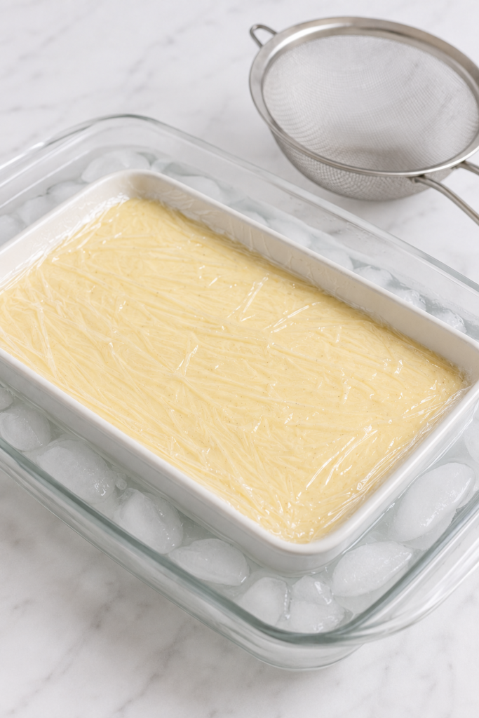 Pastry cream spread in a shallow dish over an ice bath with plastic wrap touching the surface.