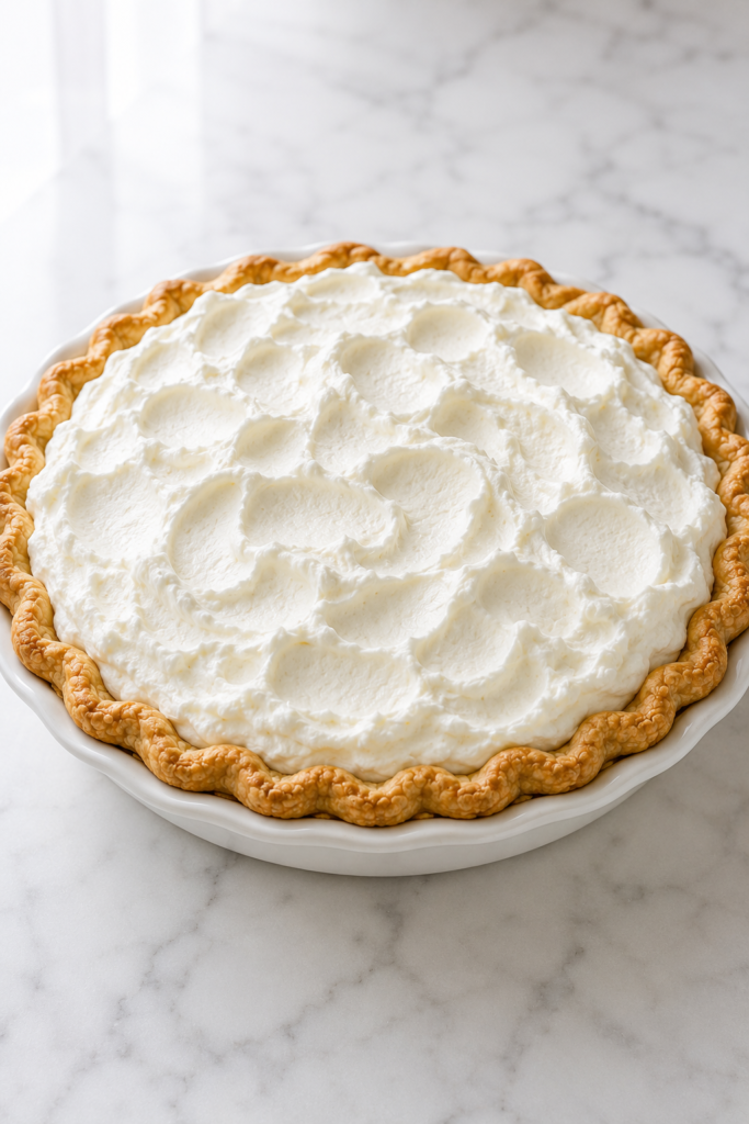 Finished banana cream pie with a deep-golden pastry crust and fresh whipped cream topping.