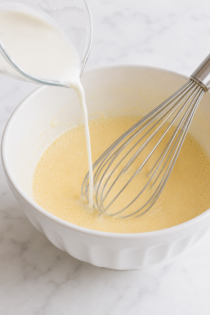 Hot milk poured in a thin stream into the yolk mixture while tempering pastry cream.