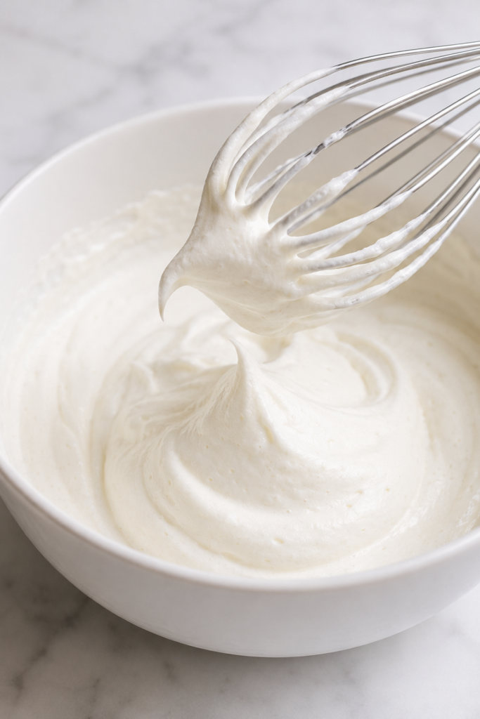 Fresh whipped cream holding a smooth medium-firm peak with a gently curved tip.
