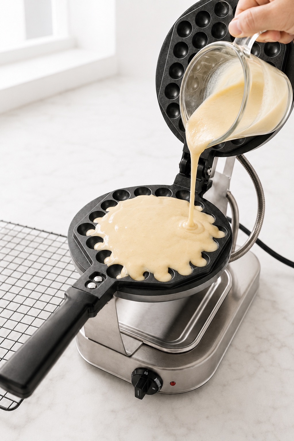 Rested Bubble Waffle batter being poured into the preheated lower plate without flooding the hinge.