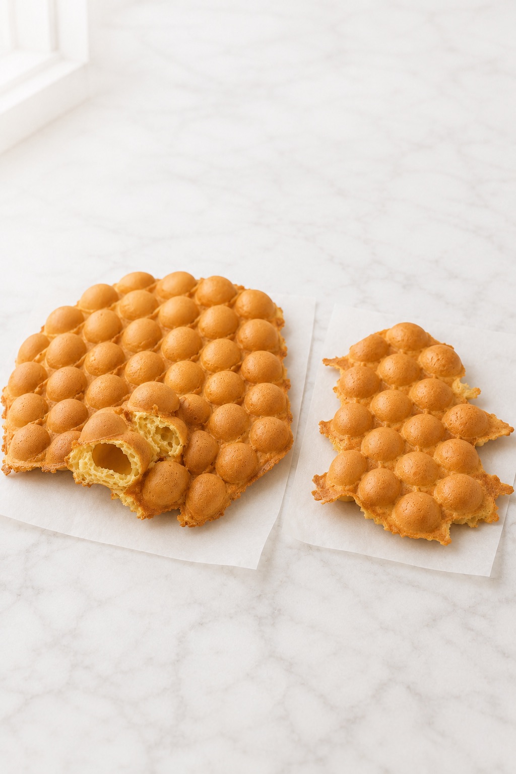 Correct full Bubble Waffle beside an underfilled calibration waffle with missing outer bubbles.