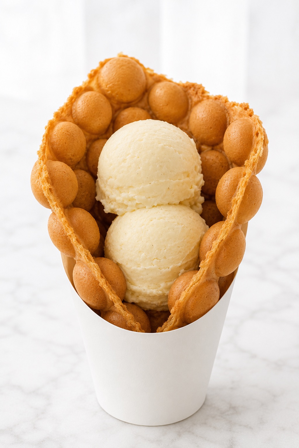 Crisp Bubble Waffle cone filled with two restrained scoops of vanilla ice cream.