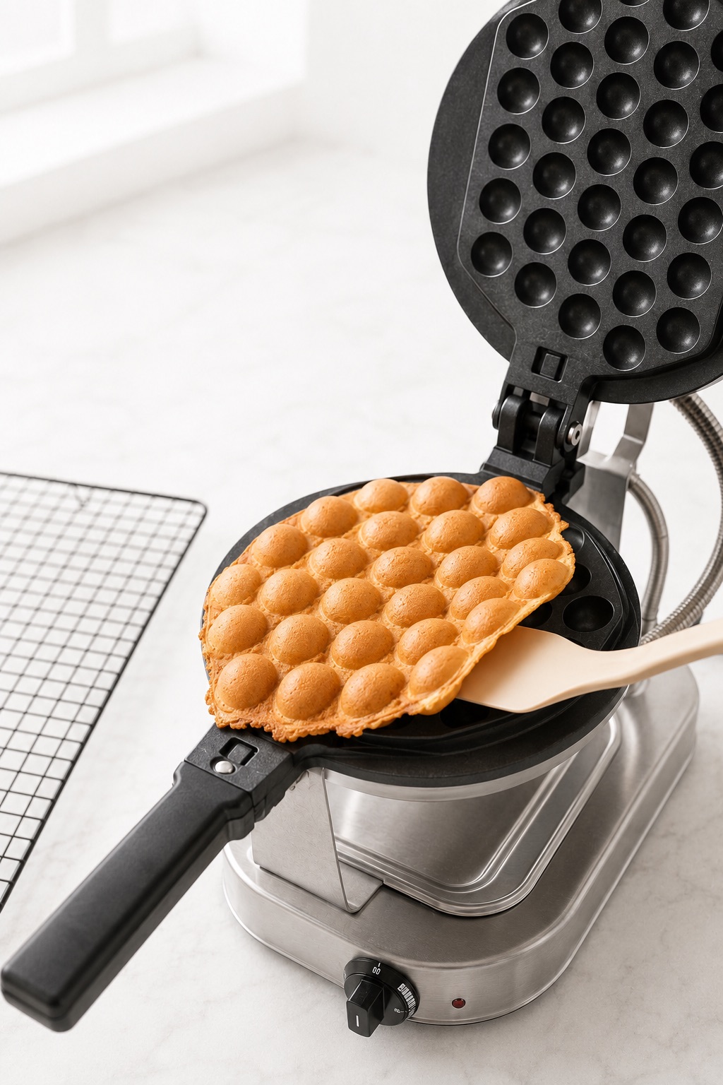 Deep-golden Bubble Waffle lifting cleanly from the open maker with dry seams and reduced steam.