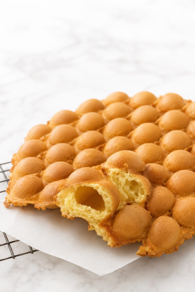 Golden Hong Kong Bubble Waffle on parchment with torn bubbles showing a crisp shell, tender interior, and natural hollow center.
