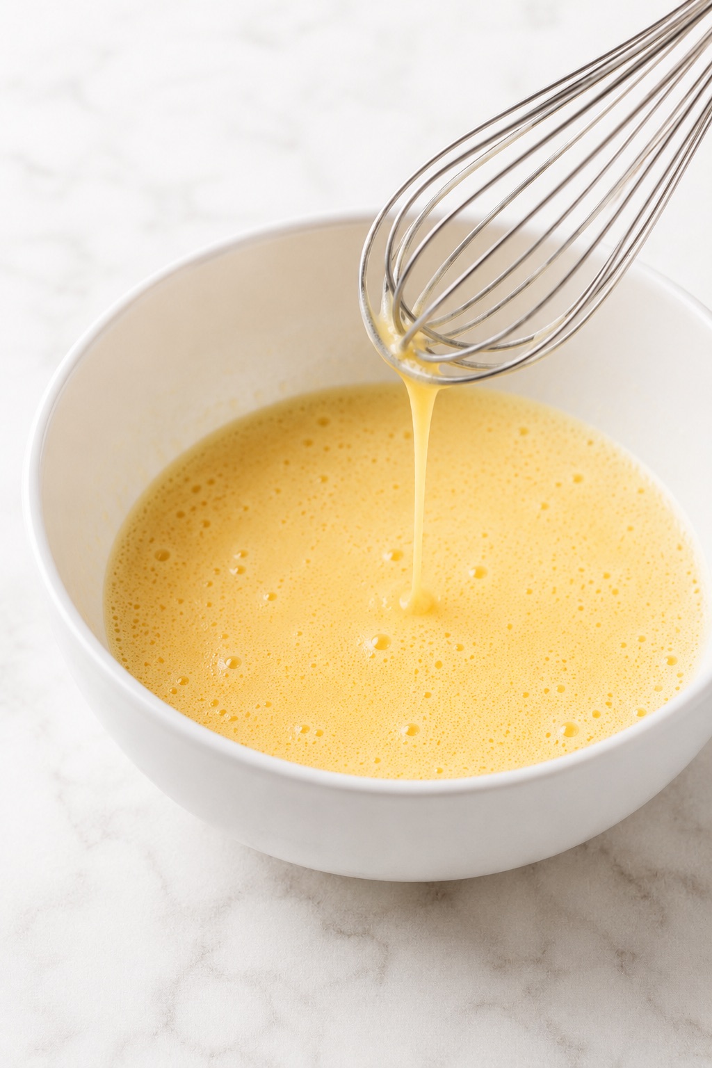 Pale egg and sugar mixture with light foam and a fluid texture before the remaining wet ingredients are added.