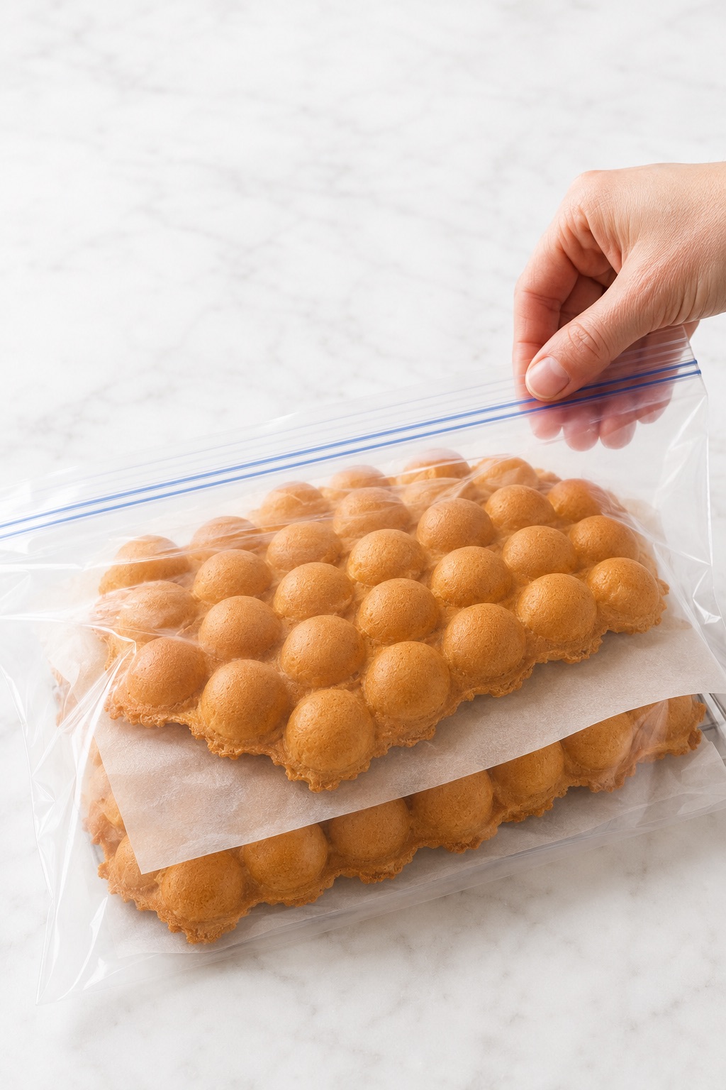 Two cooled Bubble Waffles separated with parchment and sealed in a clear freezer bag.