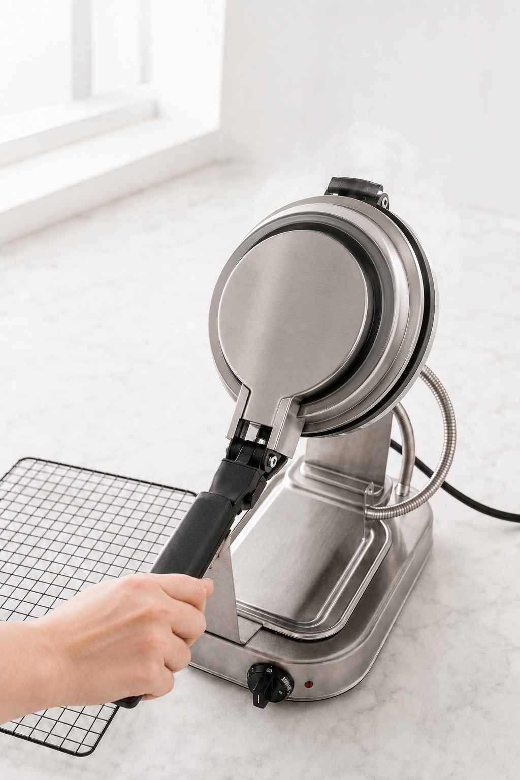 Closed electric Bubble Waffle maker rotated 180 degrees in its stable cradle immediately after filling.