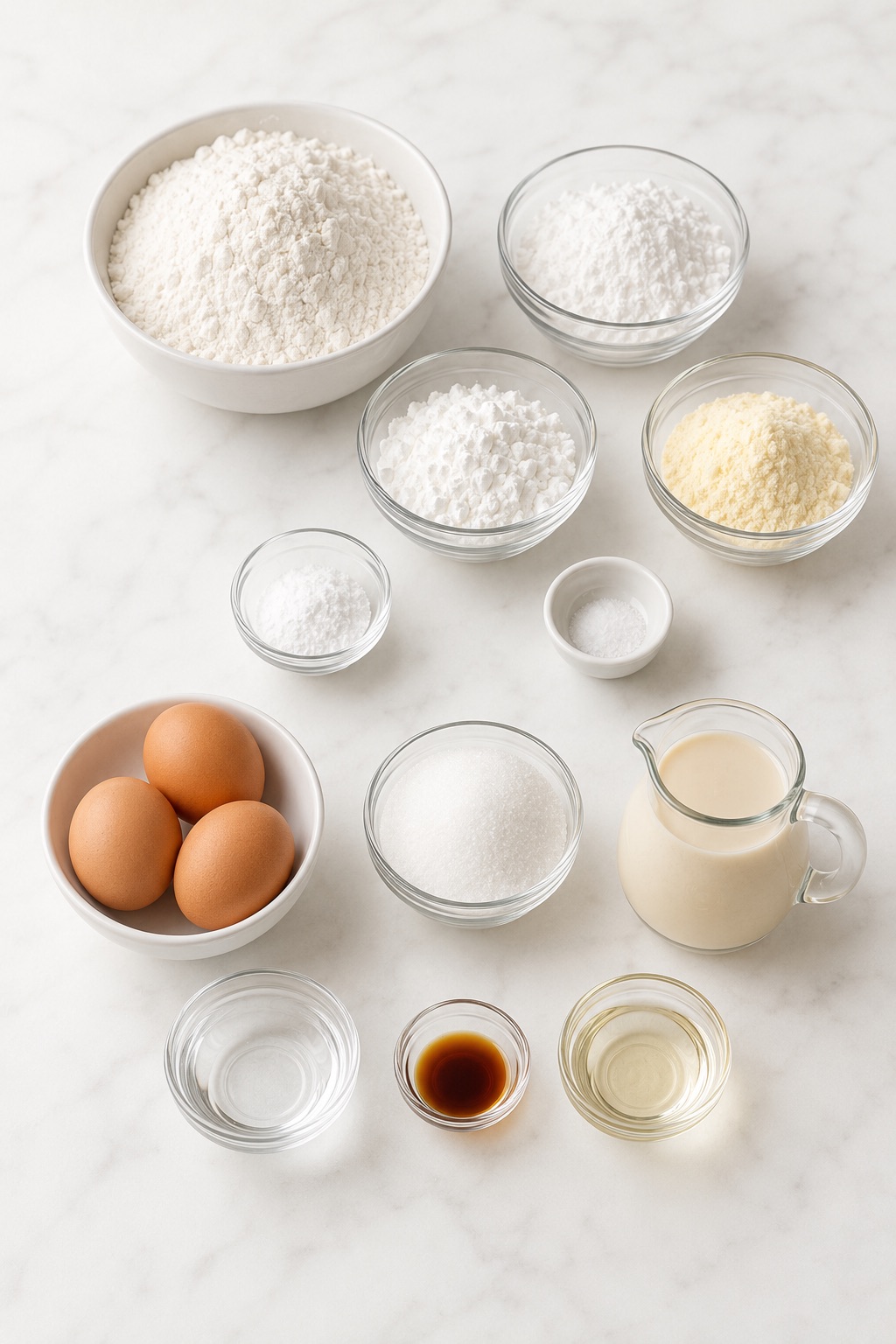 Bubble Waffle ingredients arranged in dry and wet groups, including flours, eggs, sugar, evaporated milk, water, vanilla, and oil.