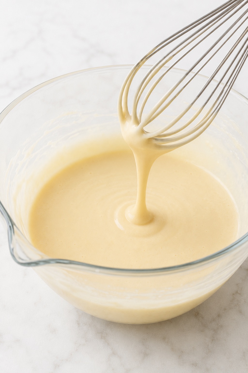 Bubble Waffle batter after the neutral oil is fully emulsified, with no visible oil beads or separation.