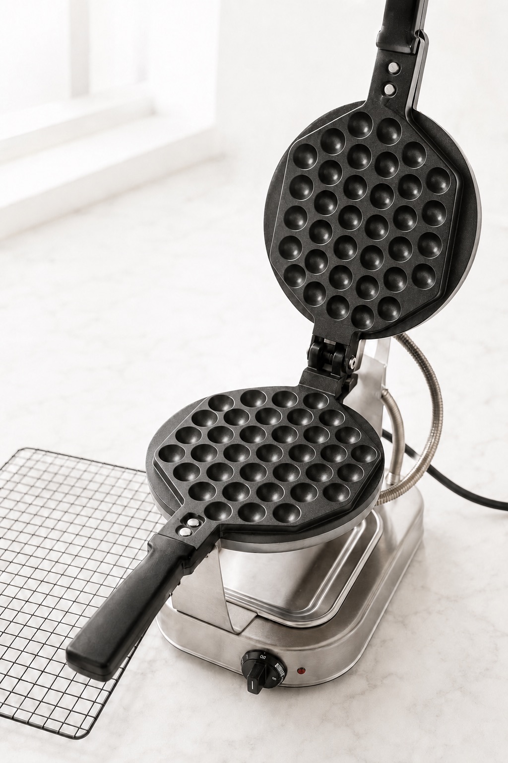 Preheated rotating Bubble Waffle maker with clean 30-cavity plates, a faint oil sheen, and a cooling rack ready.