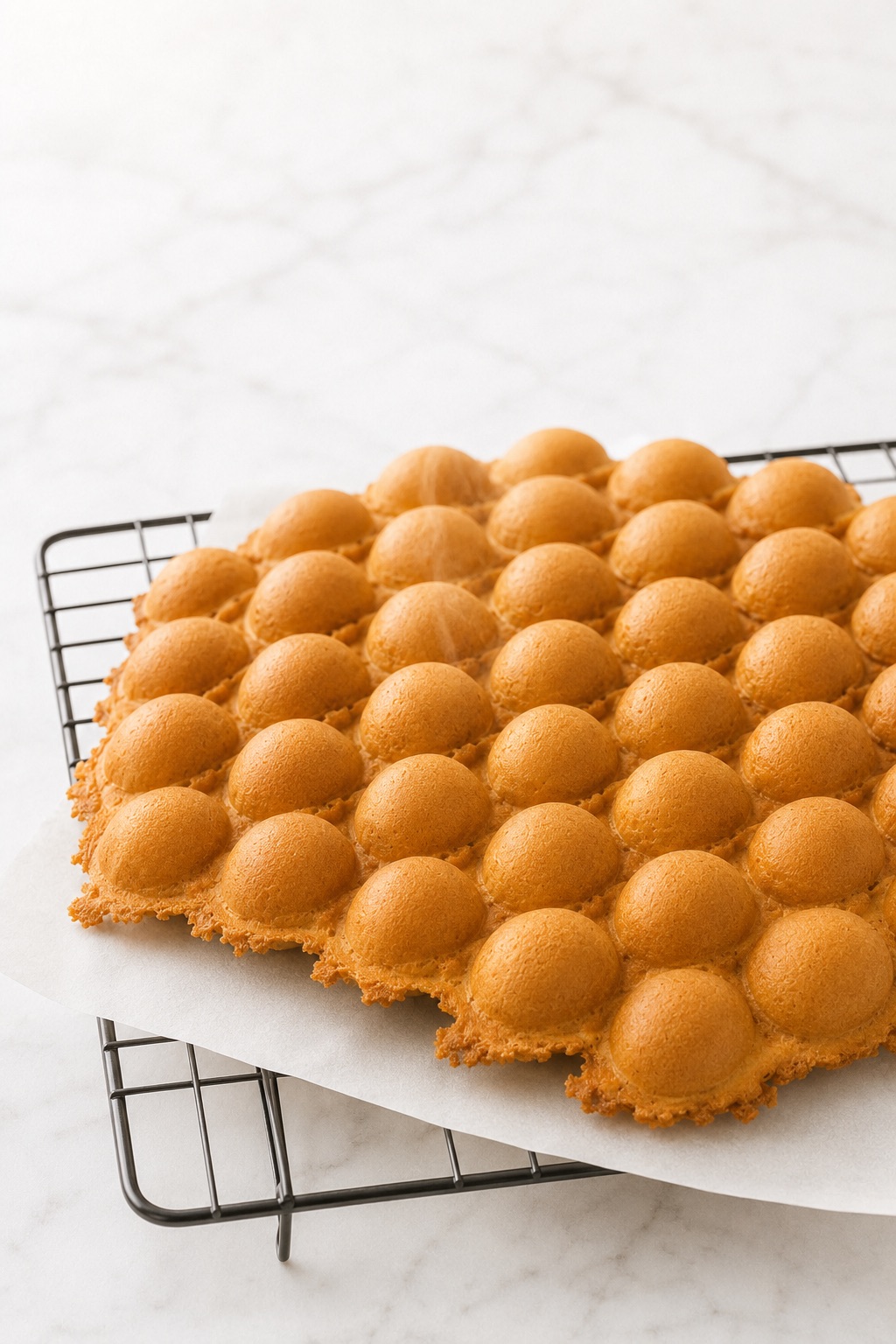 Fresh Bubble Waffle resting uncovered in a single layer on a wire rack to become crisp.