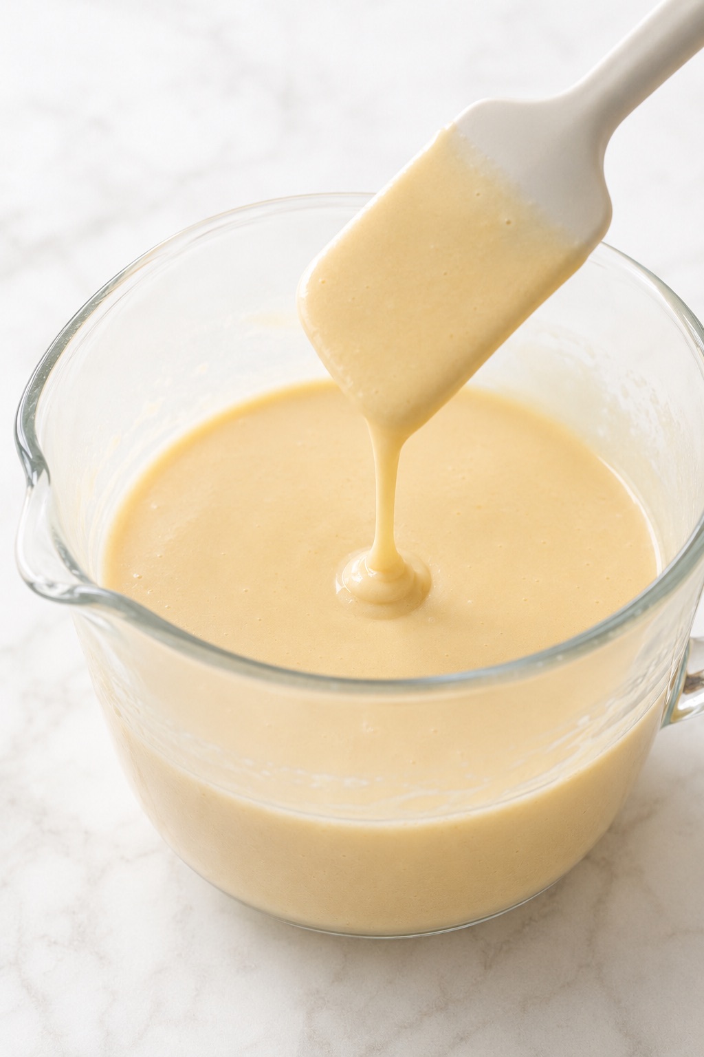 Rested Bubble Waffle batter falling in a cohesive ribbon that settles back into the measuring jug.
