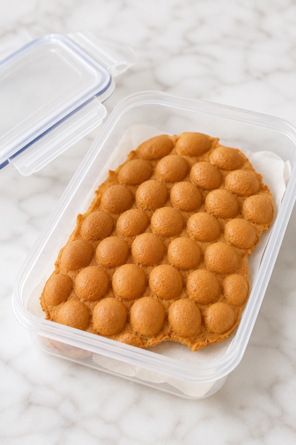 Fully cooled Bubble Waffle stored in a parchment-lined airtight container at room temperature.
