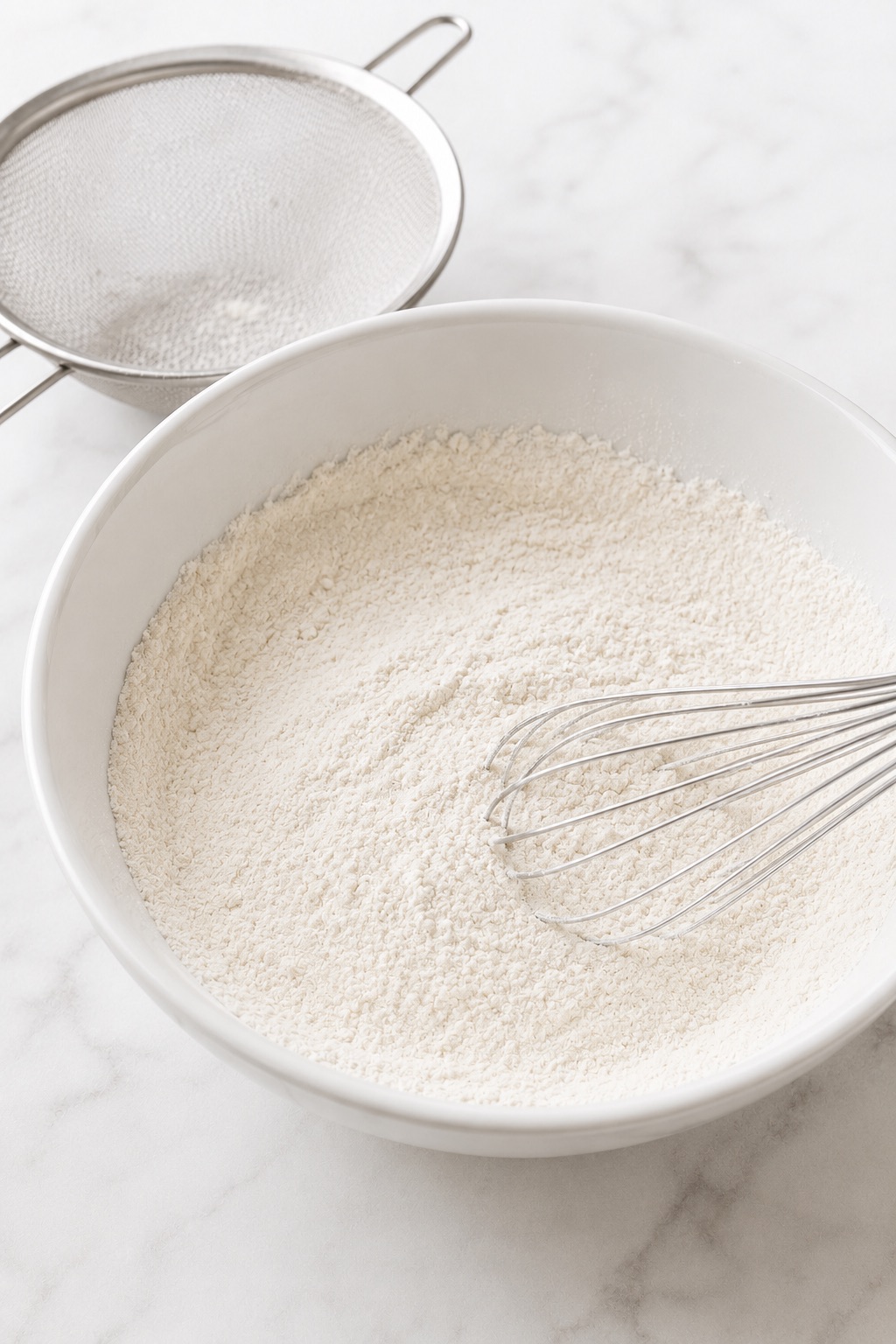 Sifted dry ingredients for Bubble Waffles in a white mixing bowl with a fine-mesh sieve and whisk.