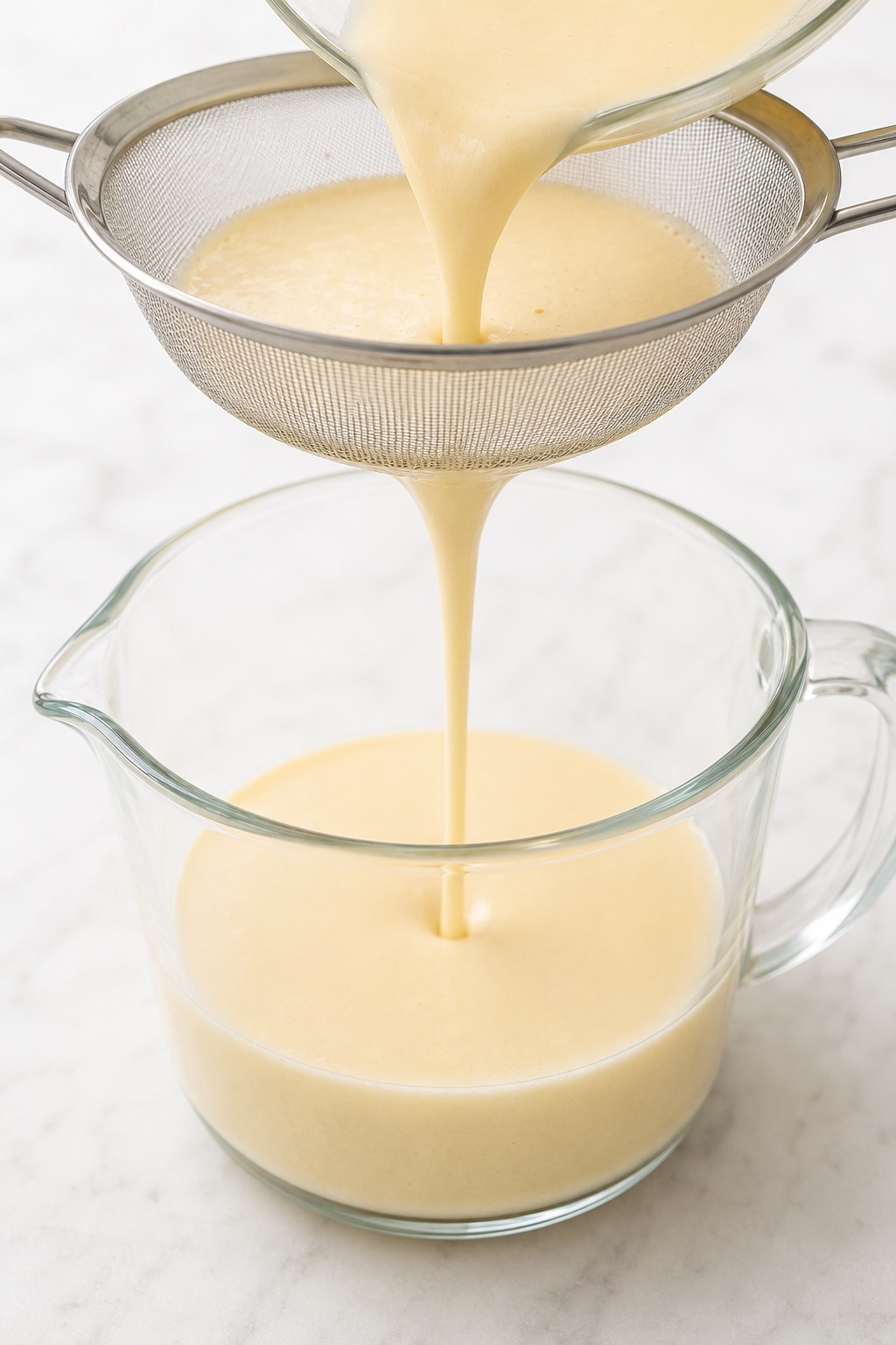 Smooth Bubble Waffle batter flowing through a fine-mesh sieve into a clear measuring jug.