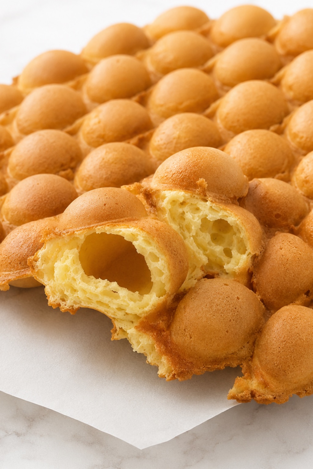 Close-up of a torn Bubble Waffle showing its thin crisp shell, tender interior, and natural hollow cavity.