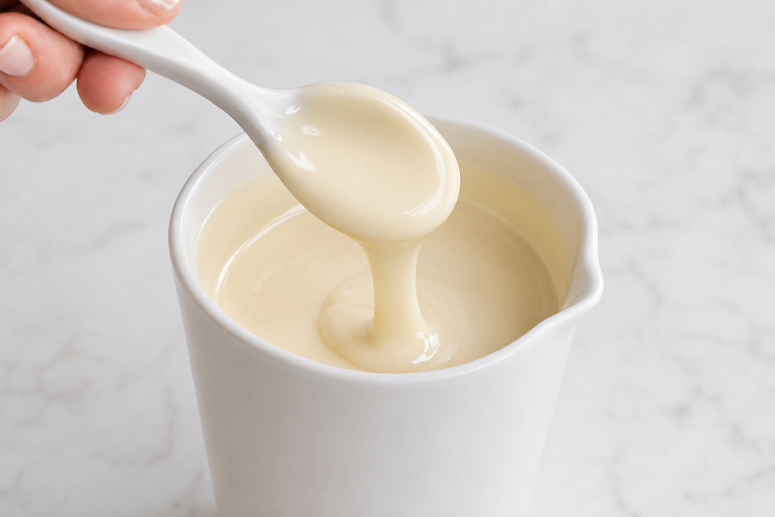 Melted cake pop coating flowing in a smooth ribbon from a spoon