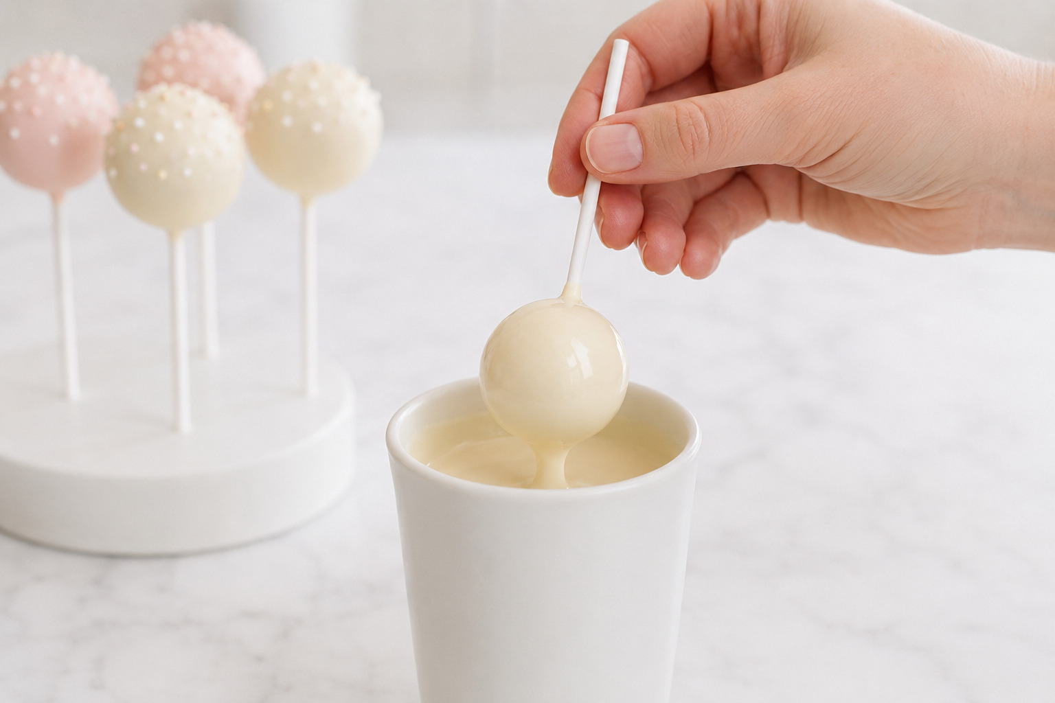 Cake pop lifted from candy coating in one smooth dipping motion
