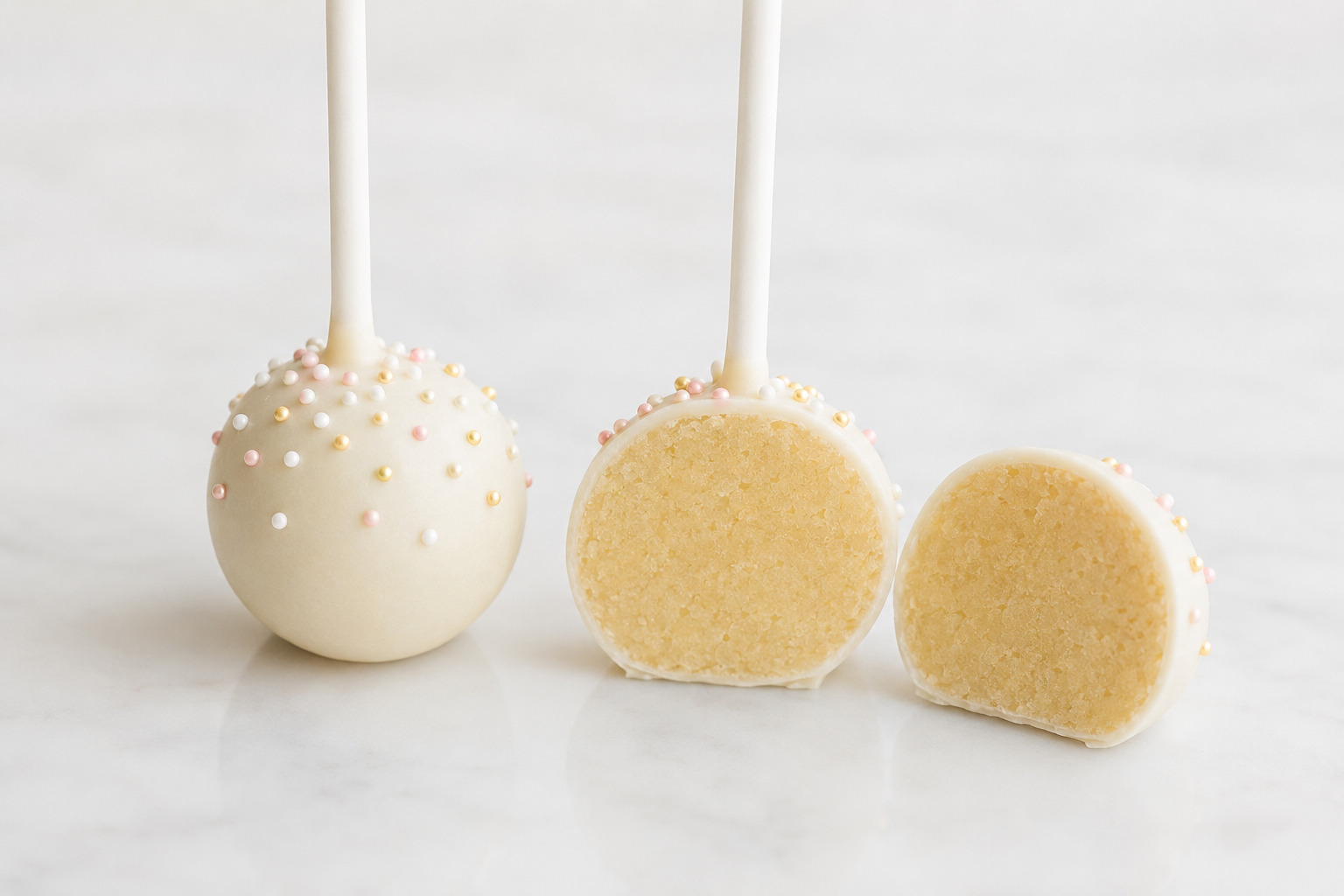 Close-up of a cake pop cut in half showing a fine moist crumb and thin candy shell