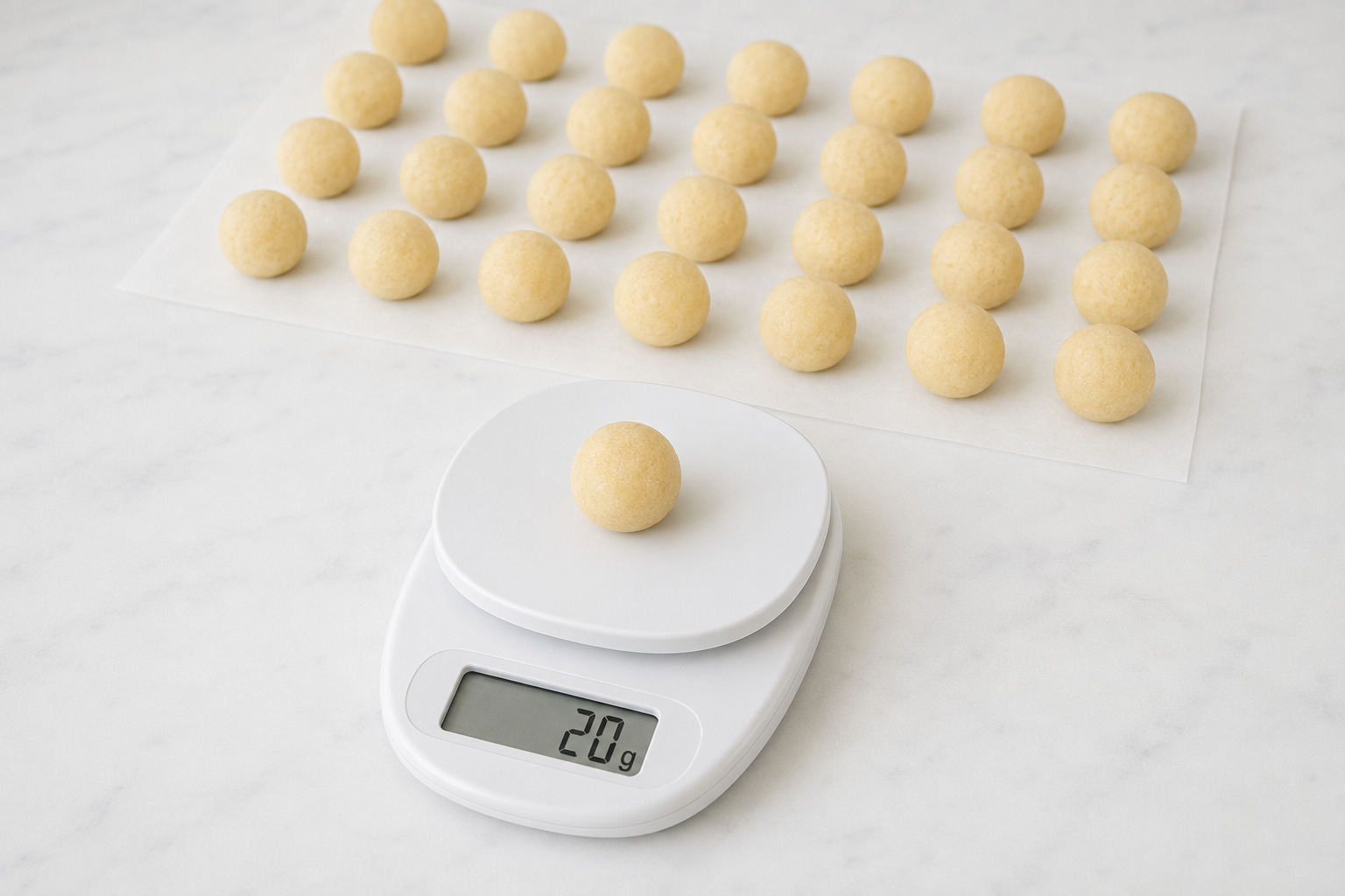 Twenty-gram cake pop ball on a scale beside evenly portioned cake balls
