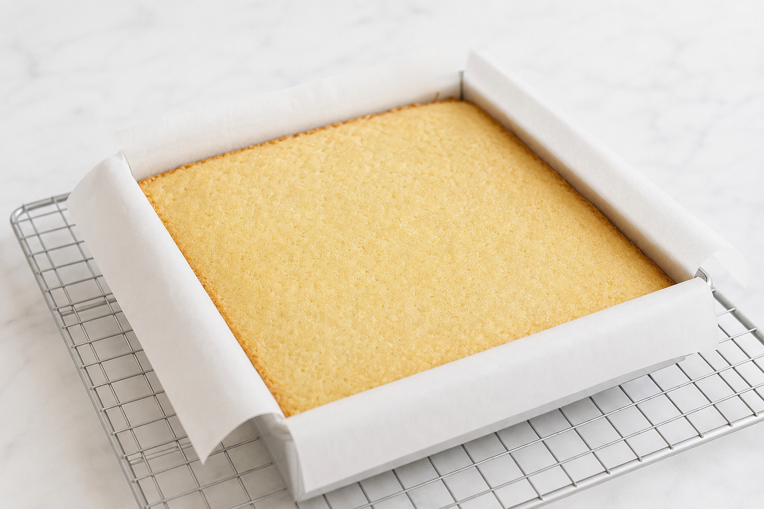 Baked vanilla cake cooling completely on a wire rack for cake pops