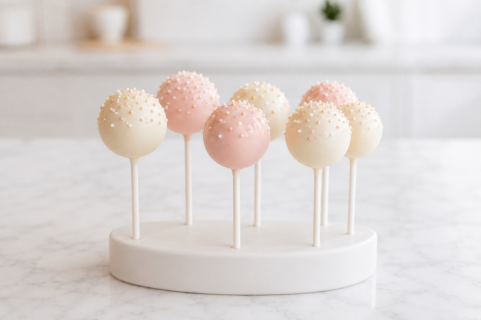 Decorated cake pops setting upright with sprinkles on smooth candy shells