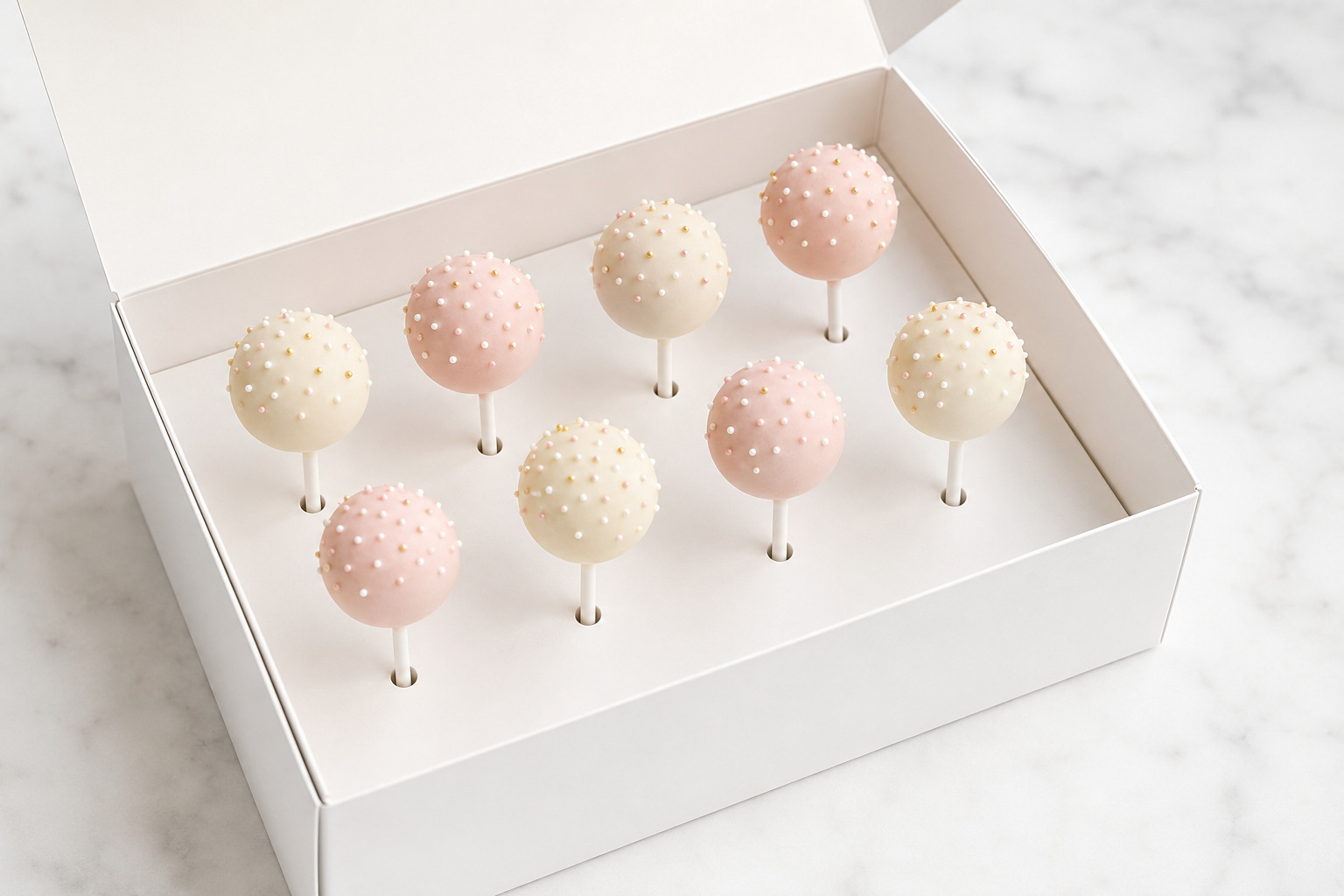 Homemade cake pops arranged securely in a white gift box