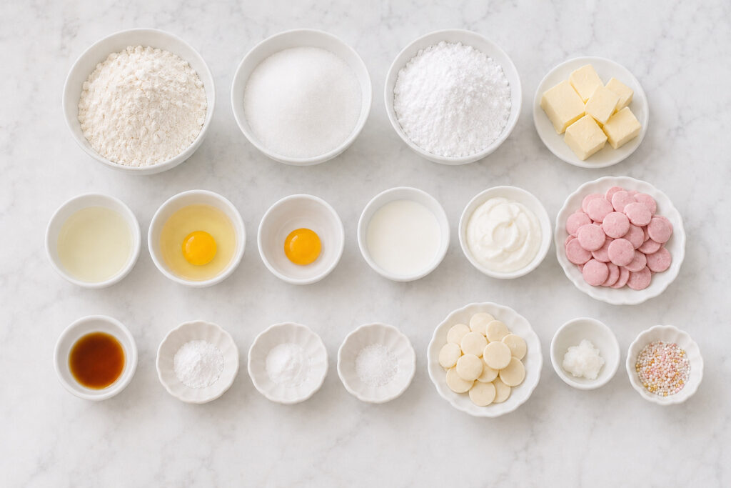 Ingredients for homemade vanilla cake pops arranged in bowls on white marble