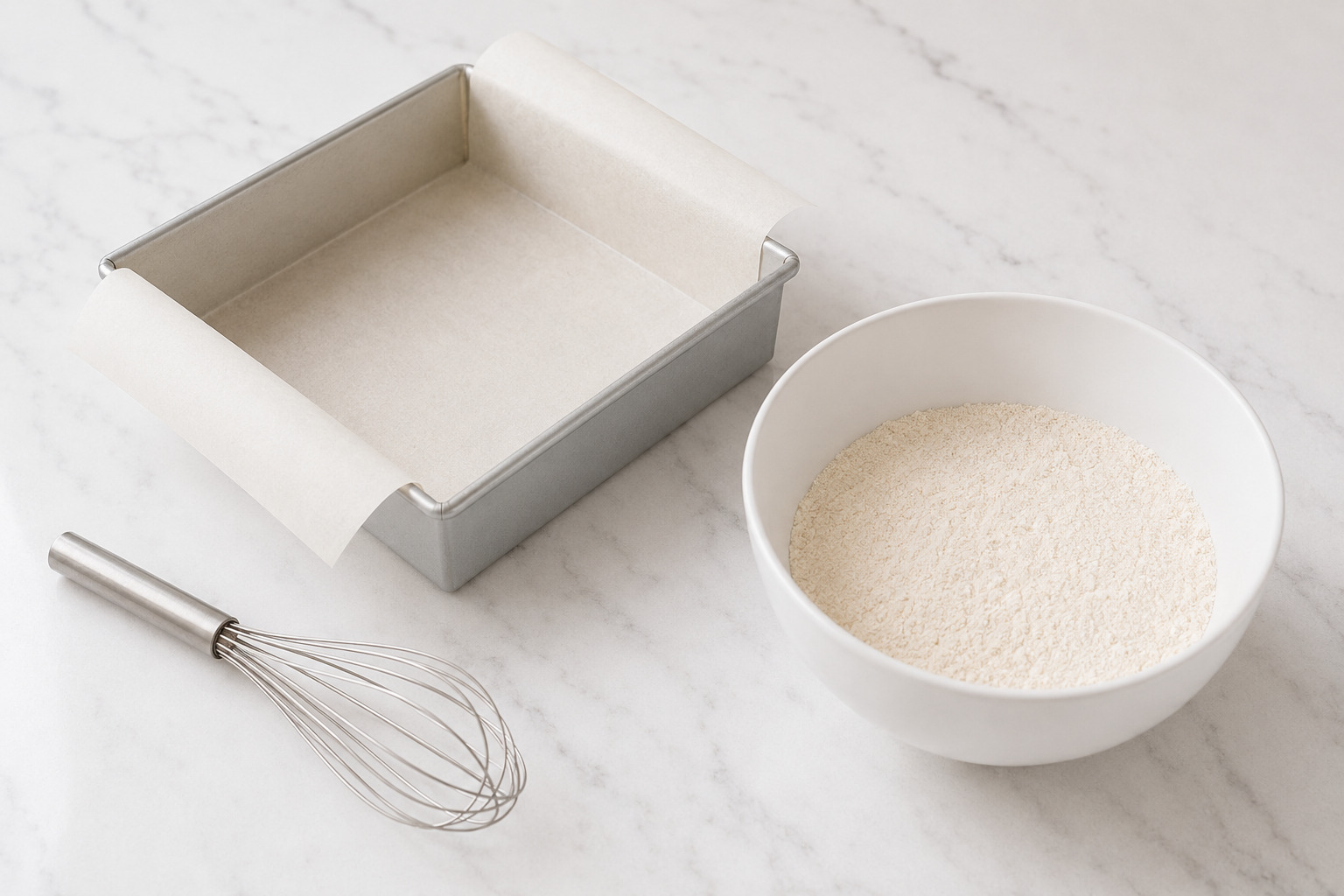 Parchment-lined square pan and evenly whisked dry ingredients for vanilla cake pops