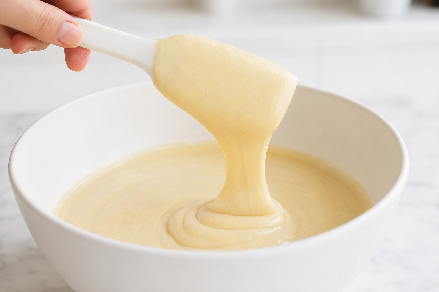 Smooth vanilla cake batter falling from a spatula in a broad ribbon
