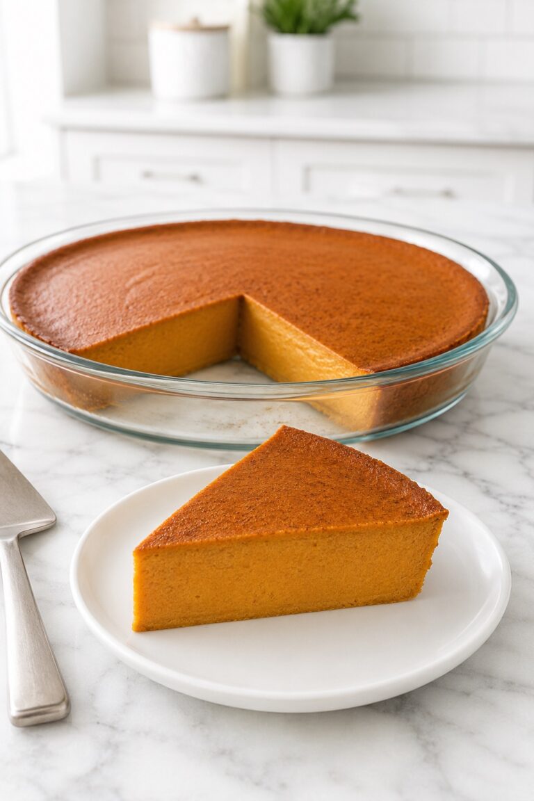 Crustless pumpkin pie in a glass dish with one chilled slice on a white plate, showing a smooth pumpkin custard center with no crust