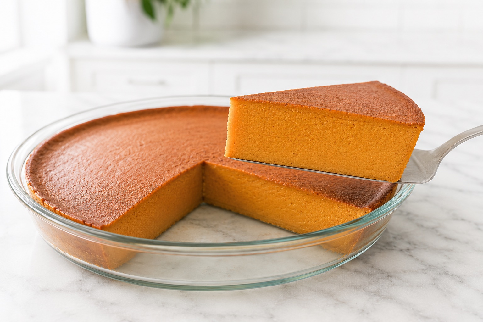 Chilled slice of crustless pumpkin pie lifted from the glass dish, showing a smooth custard cut face and no crust