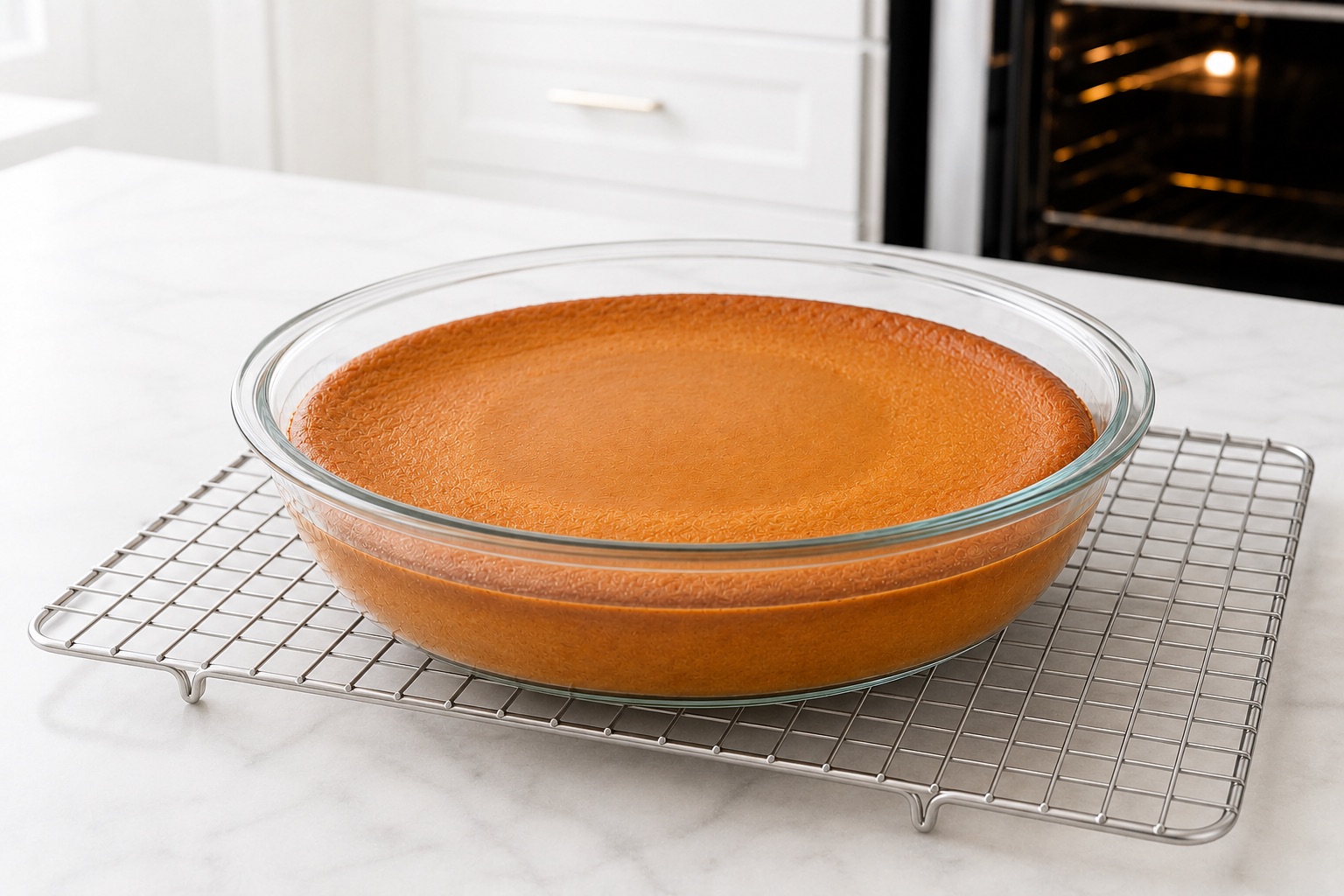 Crustless pumpkin pie cooling uncovered in its glass dish on a wire rack