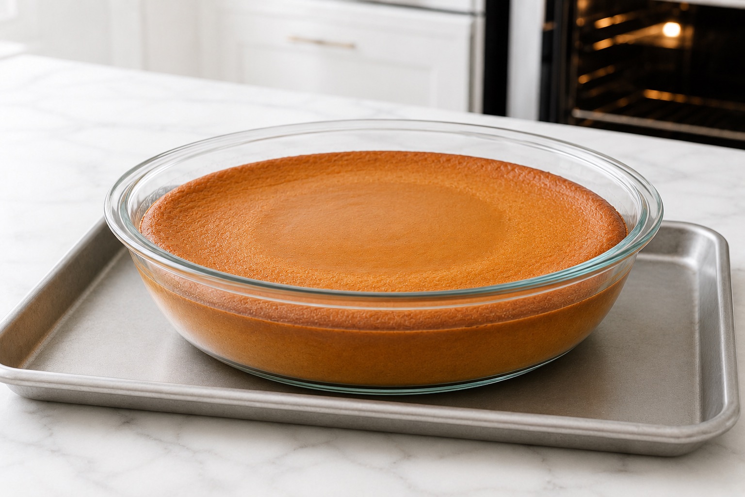 Baked crustless pumpkin pie in a glass dish with set edges and a softly set center