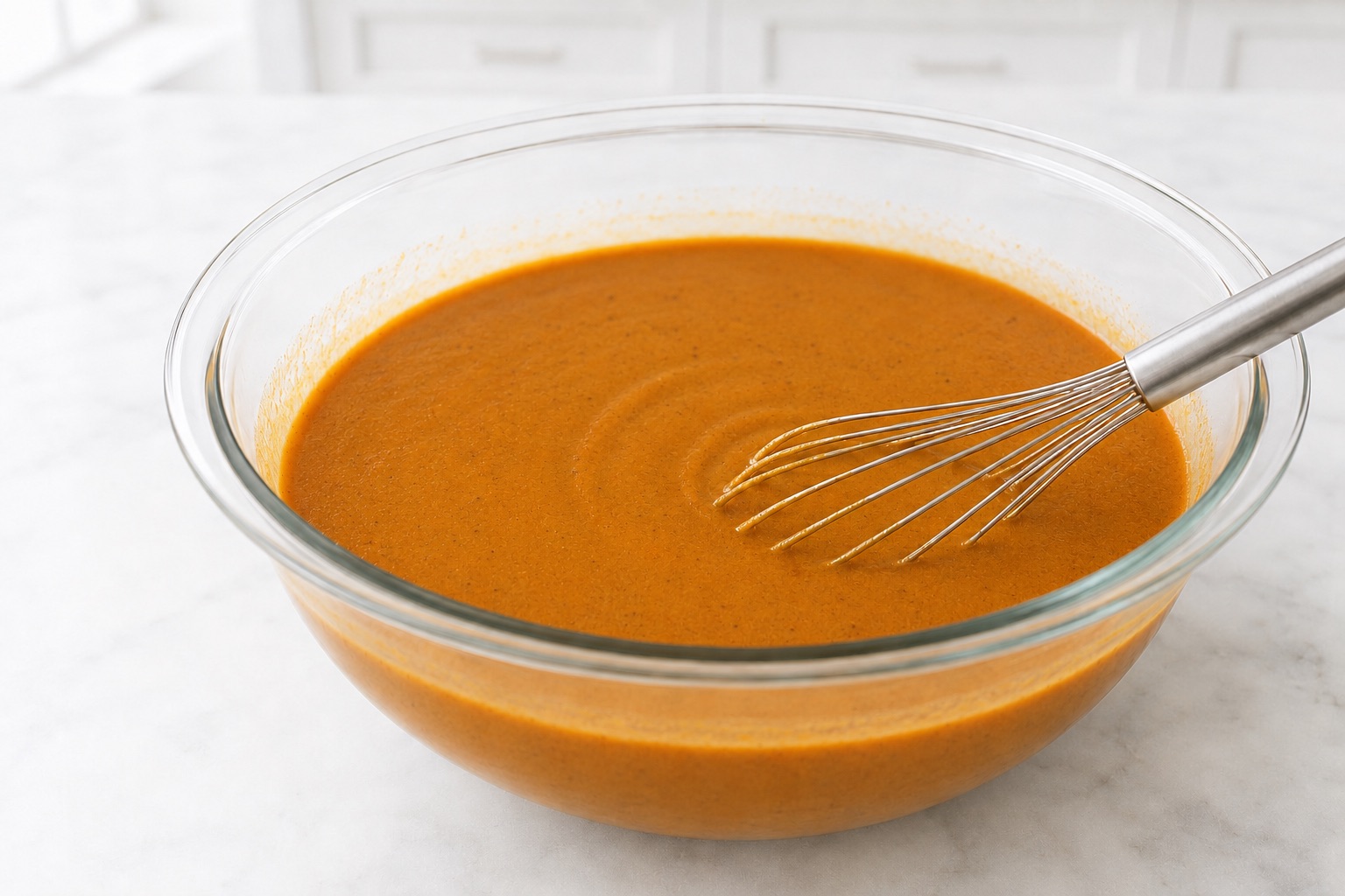 Pumpkin custard base after the sugar, cornstarch, salt, and spices are whisked in until smooth