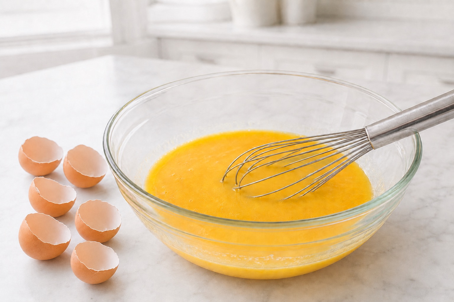 Three eggs gently blended in a glass bowl with no foam