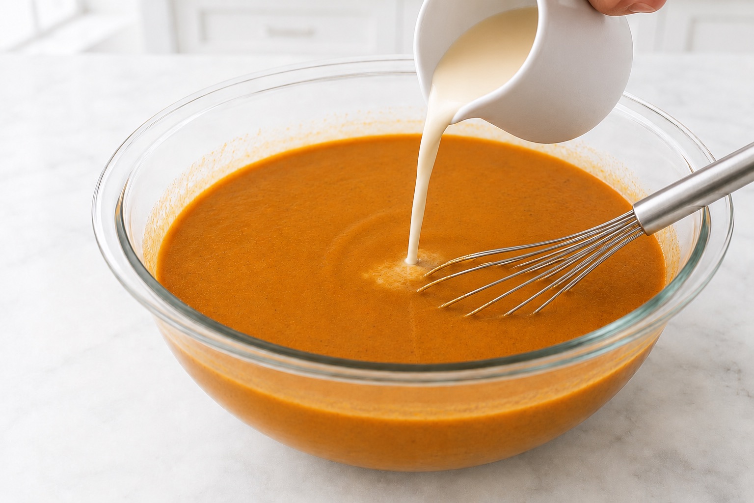 Evaporated milk poured slowly into the pumpkin mixture while a whisk rests low in the bowl