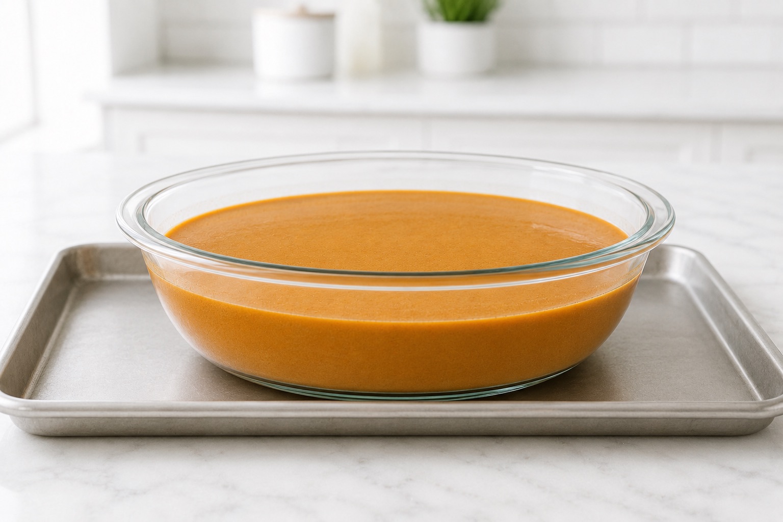 Raw pumpkin custard in a deep glass pie dish with visible space below the rim on a baking sheet