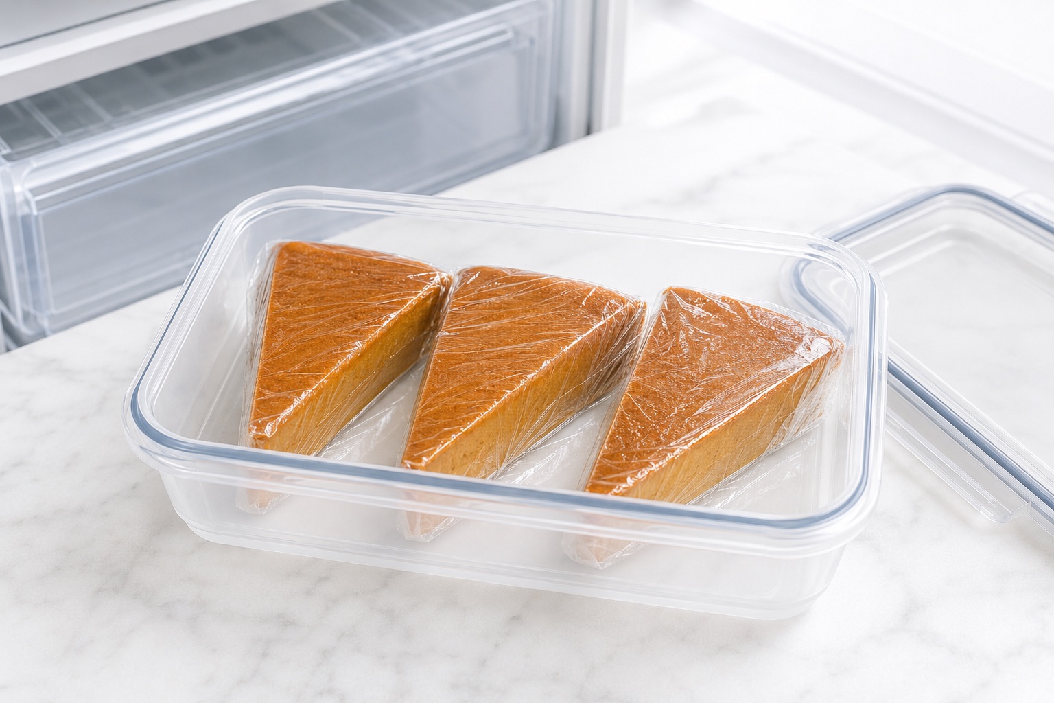 Three chilled slices of crustless pumpkin pie individually wrapped in a freezer-safe container