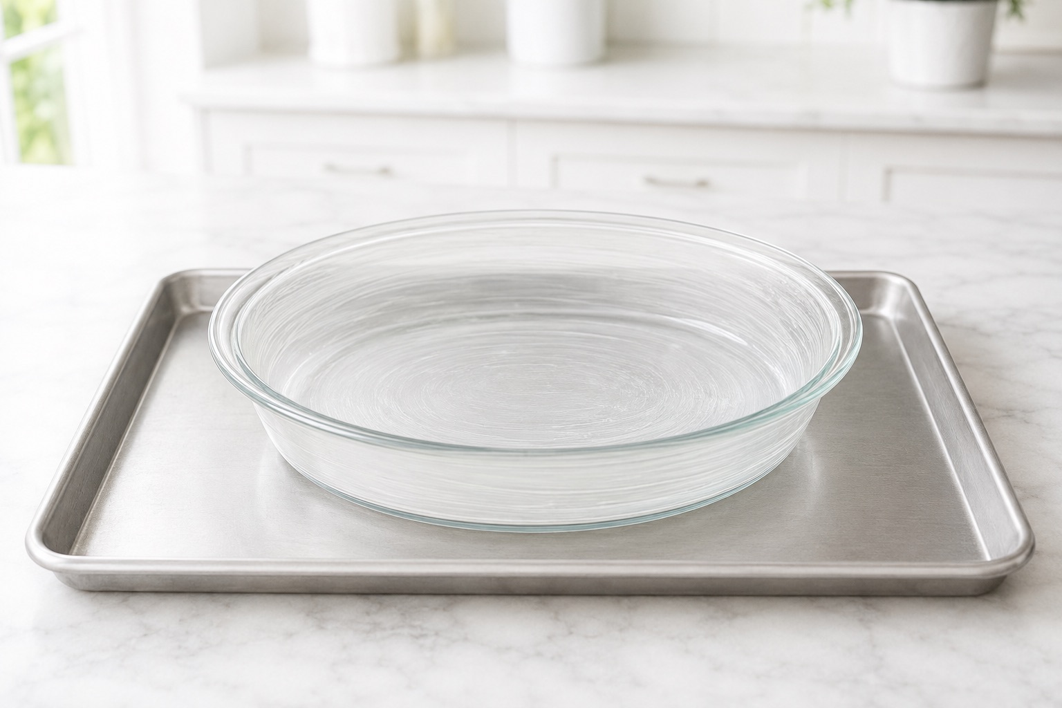 Deep glass pie dish coated with a thin layer of butter and set on a rimmed baking sheet