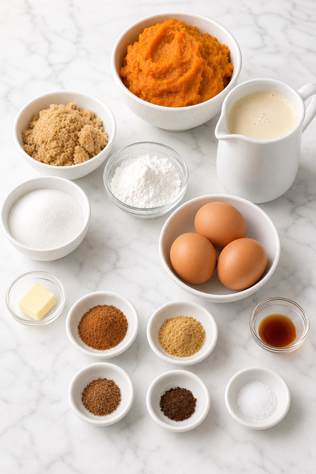 Ingredients for crustless pumpkin pie arranged on white marble: pumpkin purée, evaporated milk, three eggs, sugars, cornstarch, vanilla, butter, salt, cinnamon, ginger, nutmeg, and cloves