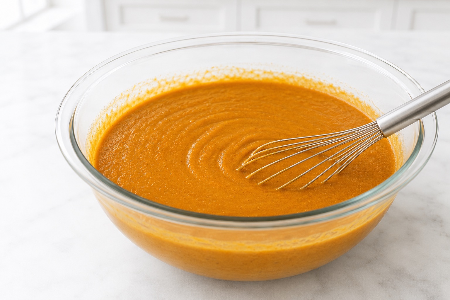 Pumpkin purée and vanilla gently mixed into the eggs until smooth and thick