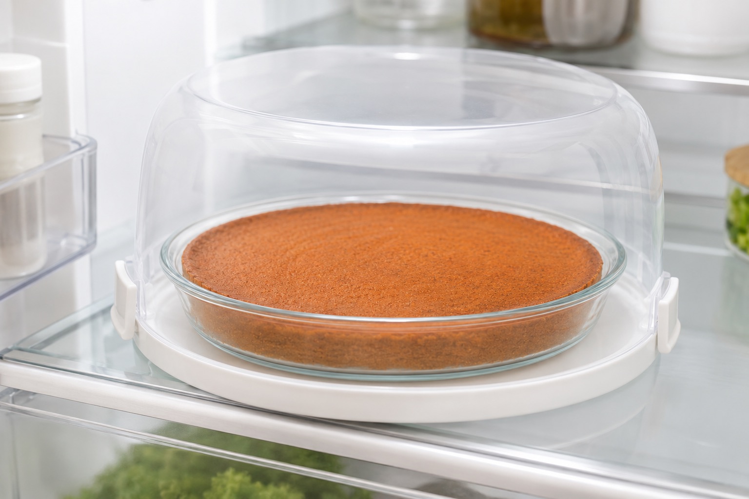 Crustless pumpkin pie covered inside a sealed clear cake keeper on a refrigerator shelf
