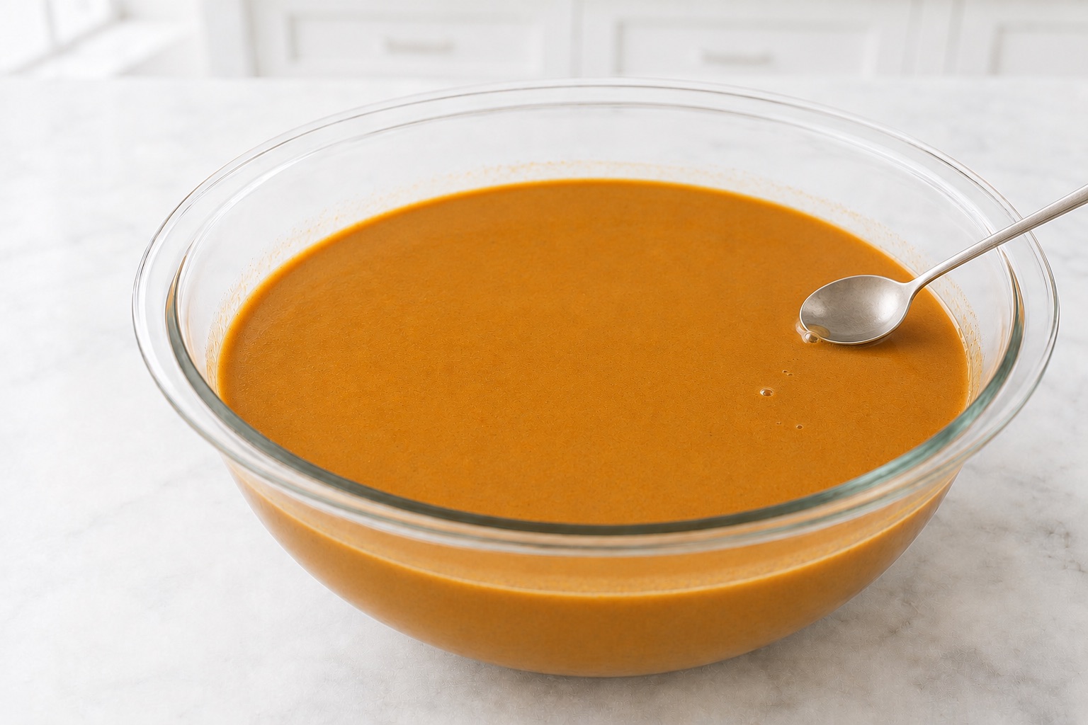 Smooth pumpkin custard resting in a glass bowl while the last surface bubbles are removed