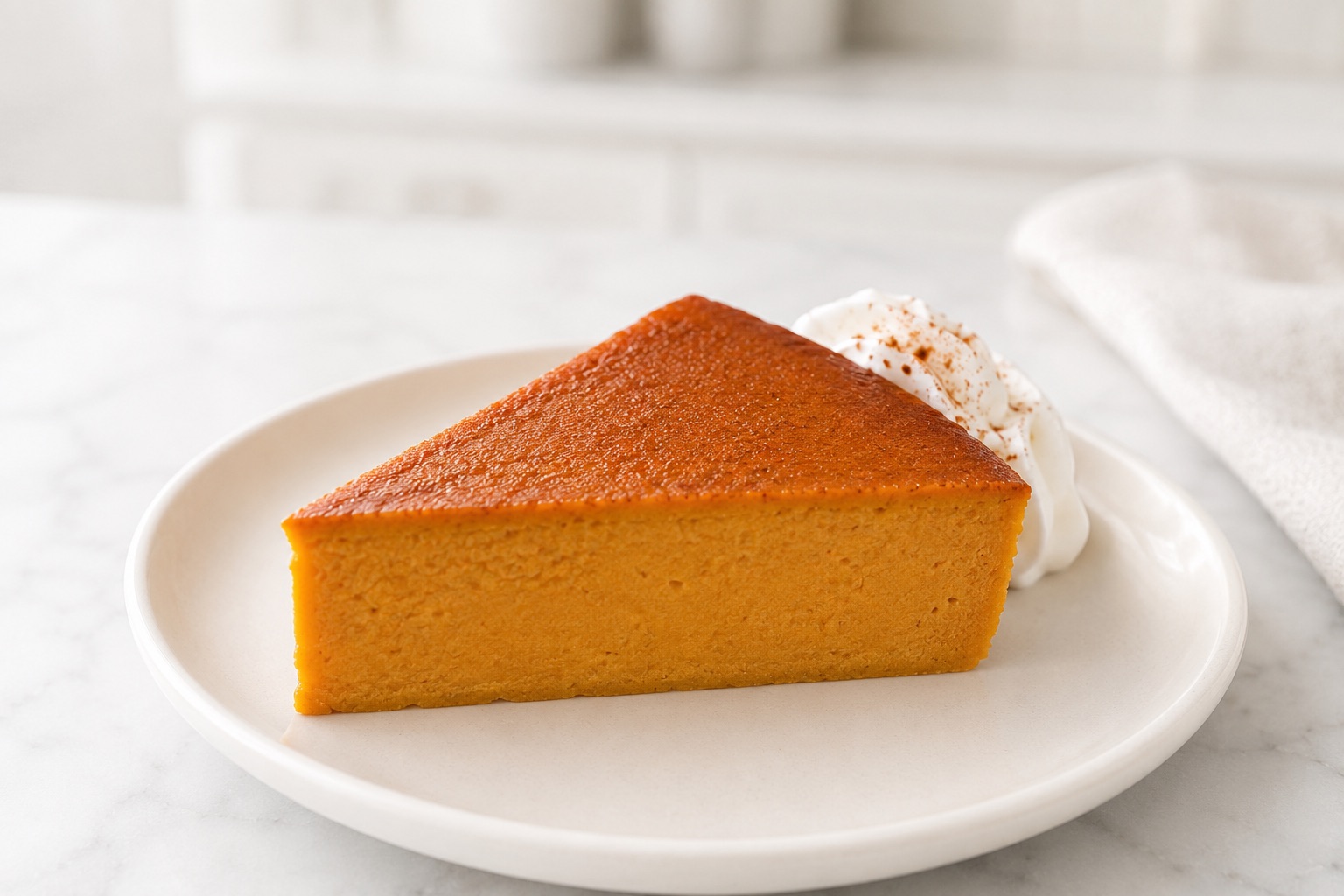 Slice of crustless pumpkin pie served on a white plate with softly whipped cream and a light cinnamon finish