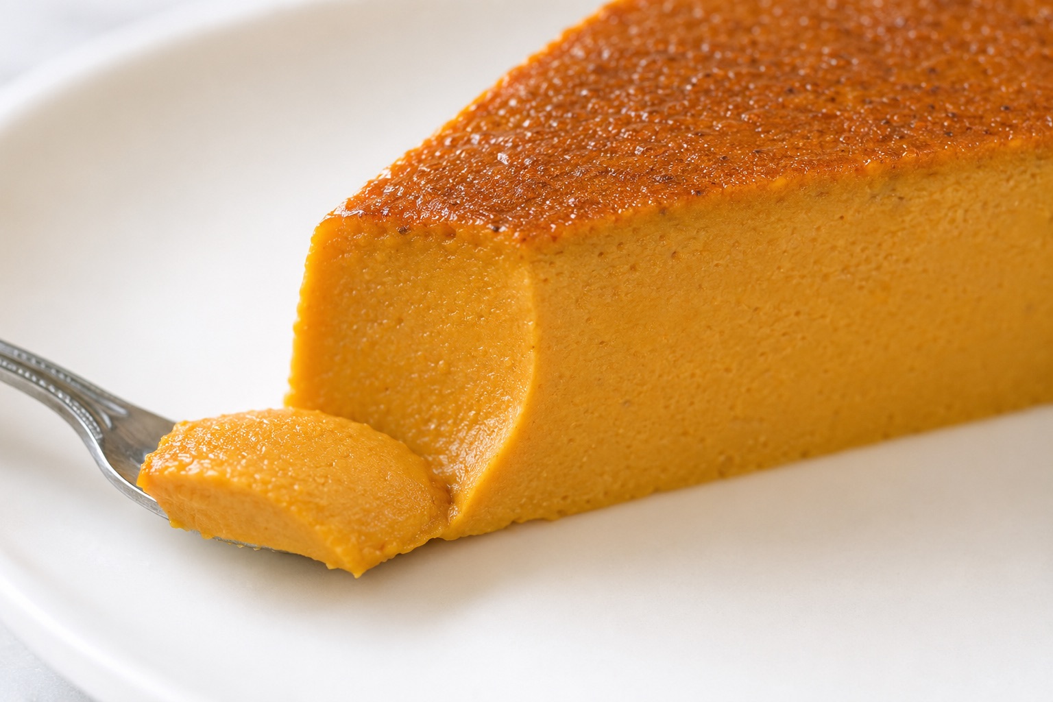 Fork taking a silky bite from a chilled slice of crustless pumpkin pie, showing the smooth custard texture