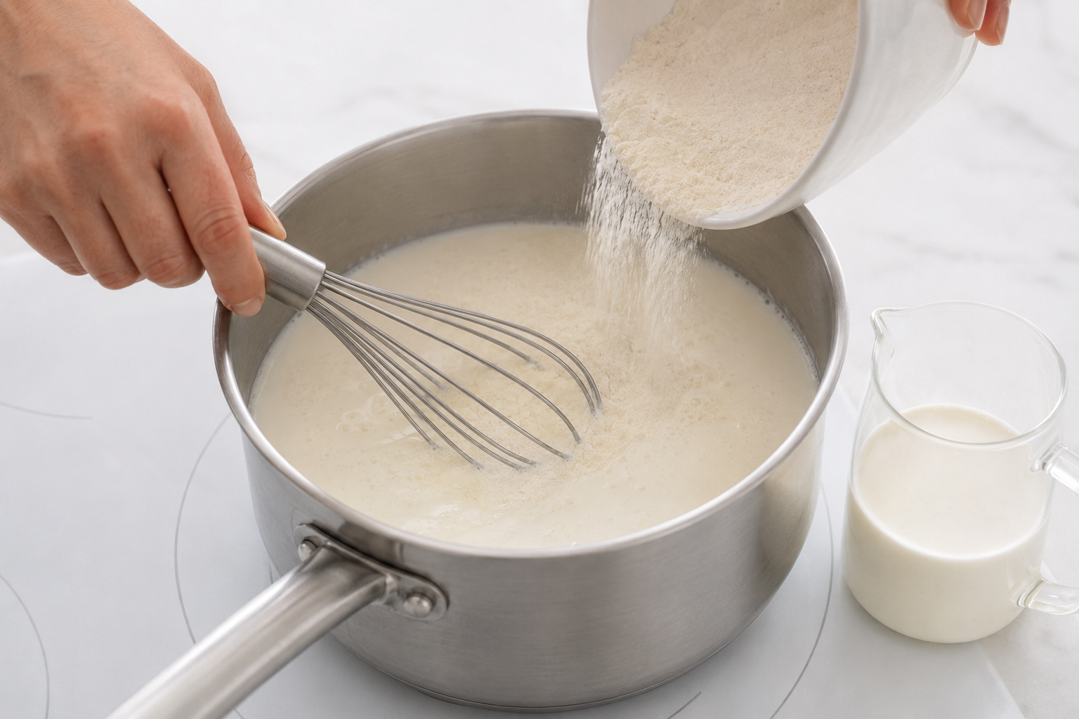 Dry ingredient blend being whisked gradually into warm milk with cream beside the saucepan