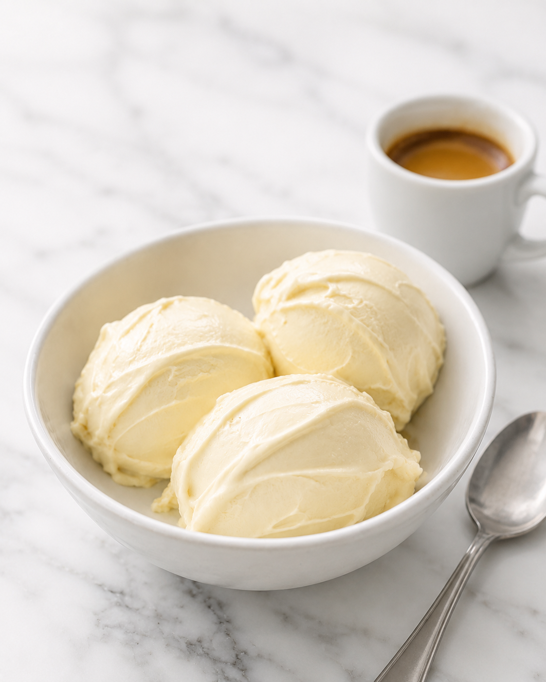 Pale crema gelato served beside a small espresso for an affogato-style pairing