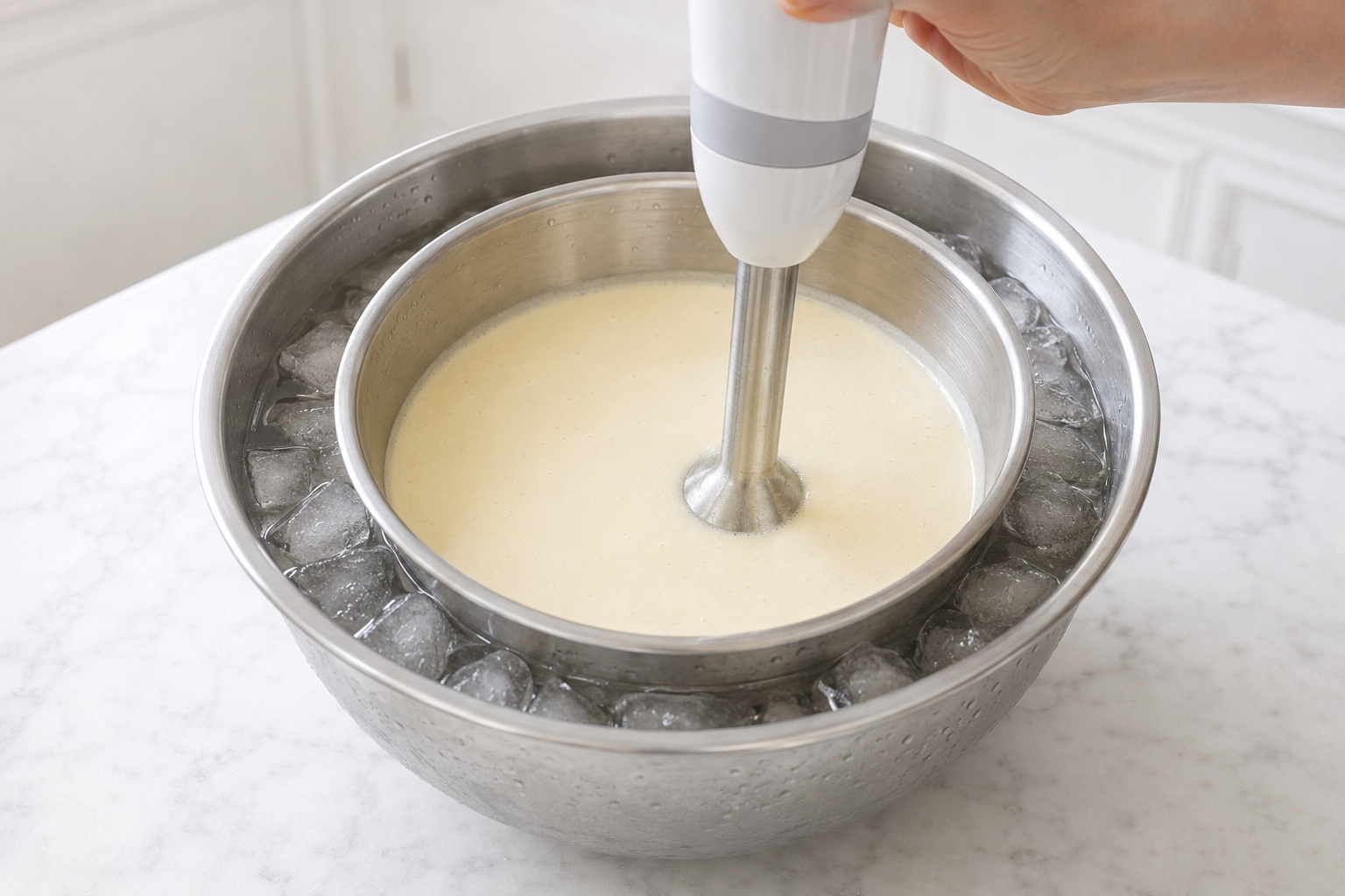 Gelato base blended in a metal bowl nested in an ice bath for rapid cooling